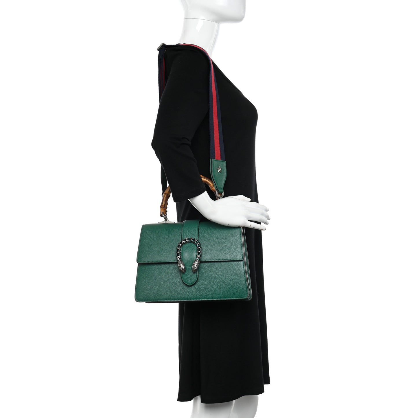 Dollar Calfskin Crystal Web Medium Dionysus Bamboo Top Handle Bag Emerald