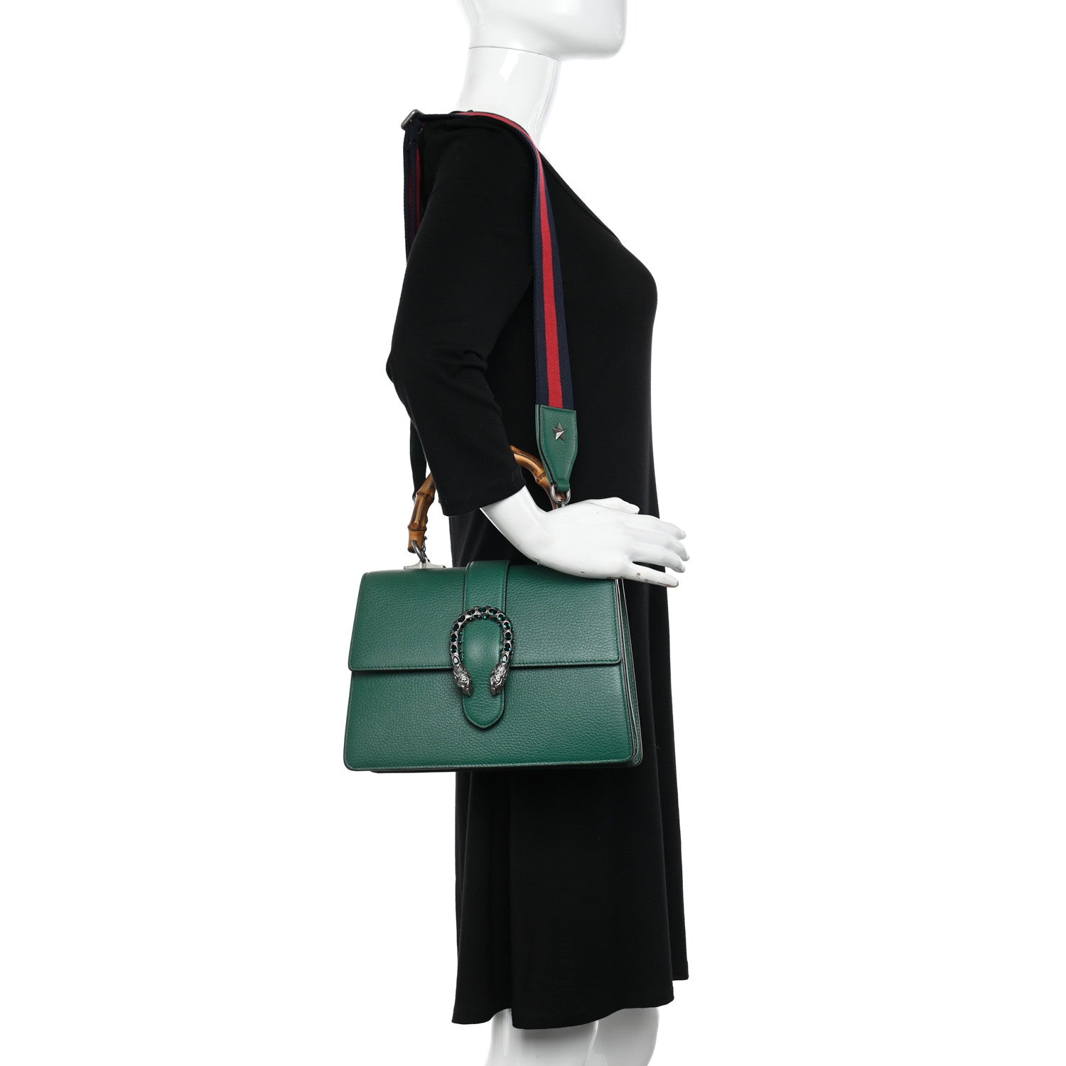 Gucci Dollar Calfskin Crystal Web Medium Dionysus Bamboo Top Handle Bag Emerald 2 of 12