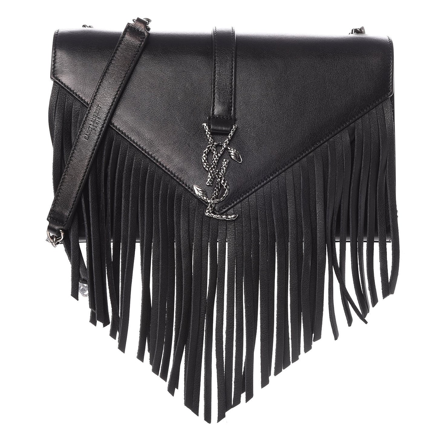 Calfskin Fringe Medium Snake Monogram Satchel Black