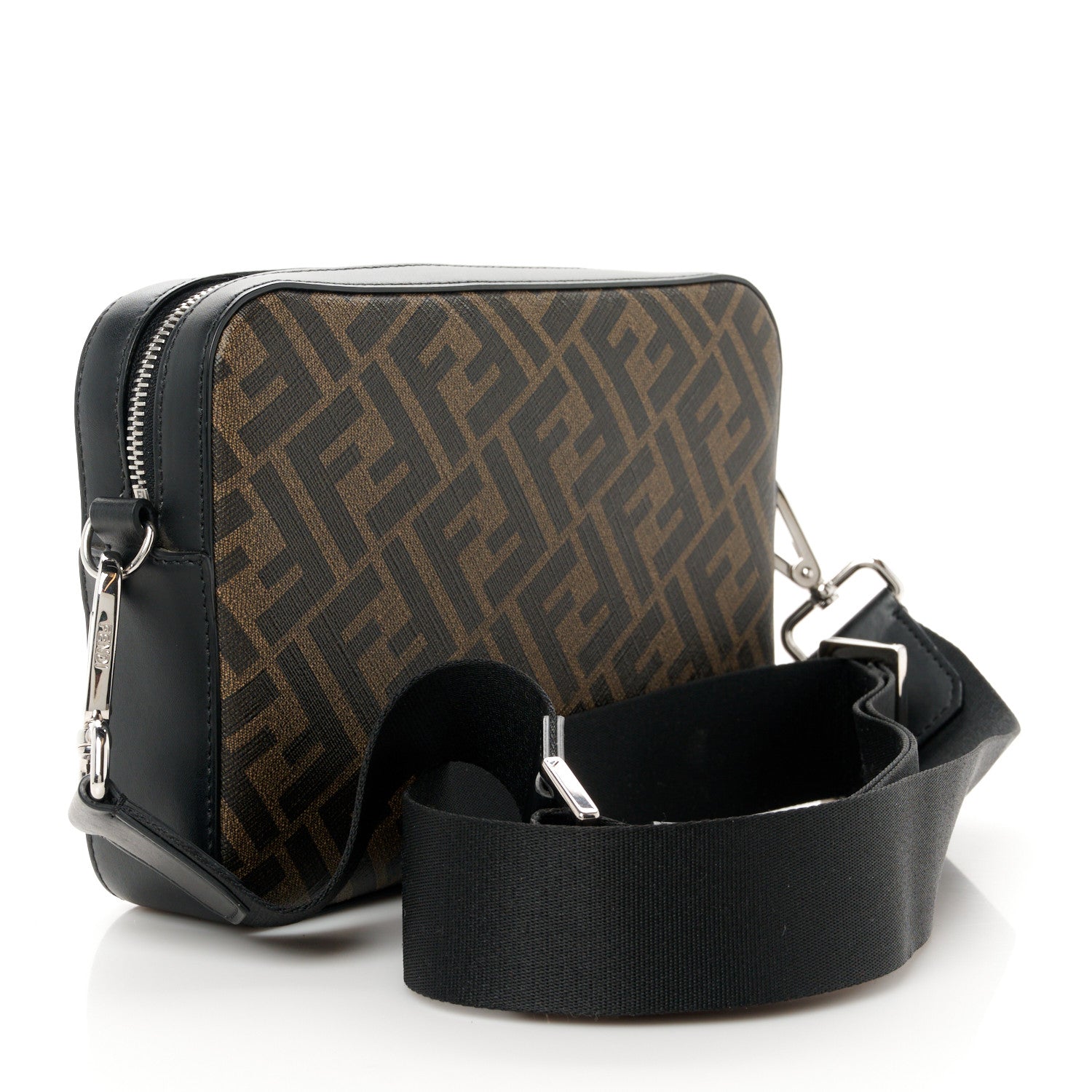 Fendi Glazed Fabric Vitello Liberty FF 1974 Diagonal Camera Case Tobacco Rosso Black 3 of 11