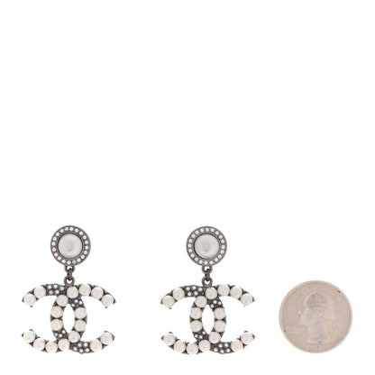Chanel Pearl Crystal CC Drop Earrings Silver 2 of 5