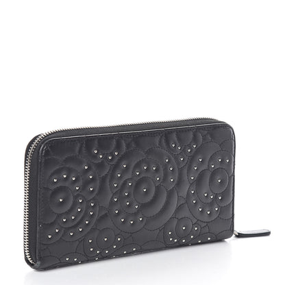Chanel Lambskin Camellia Studded Large Gusset Zip Around Wallet Black 3 of 12