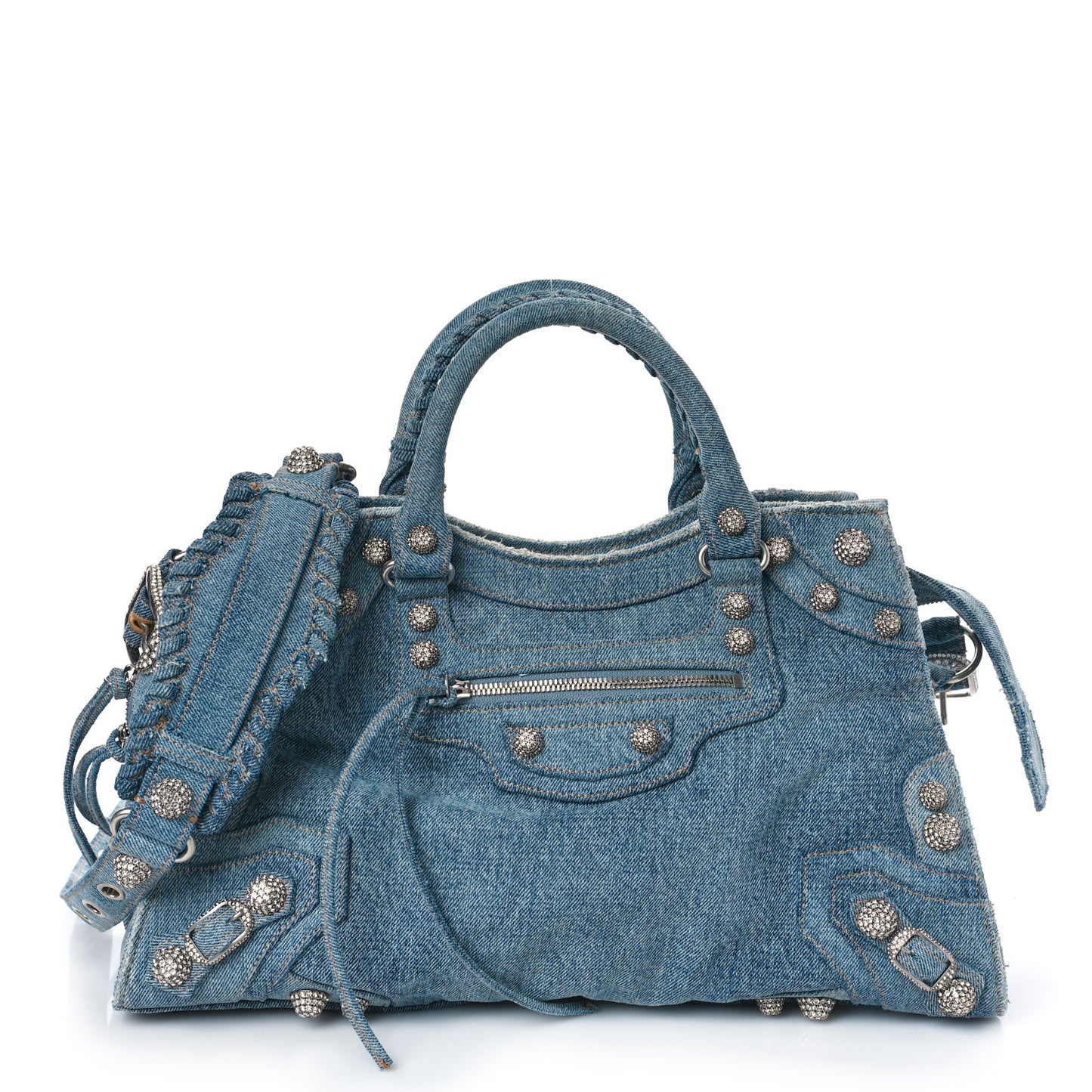 Washed Frayed Denim Crystal Neo Cagole City Handbag Blue