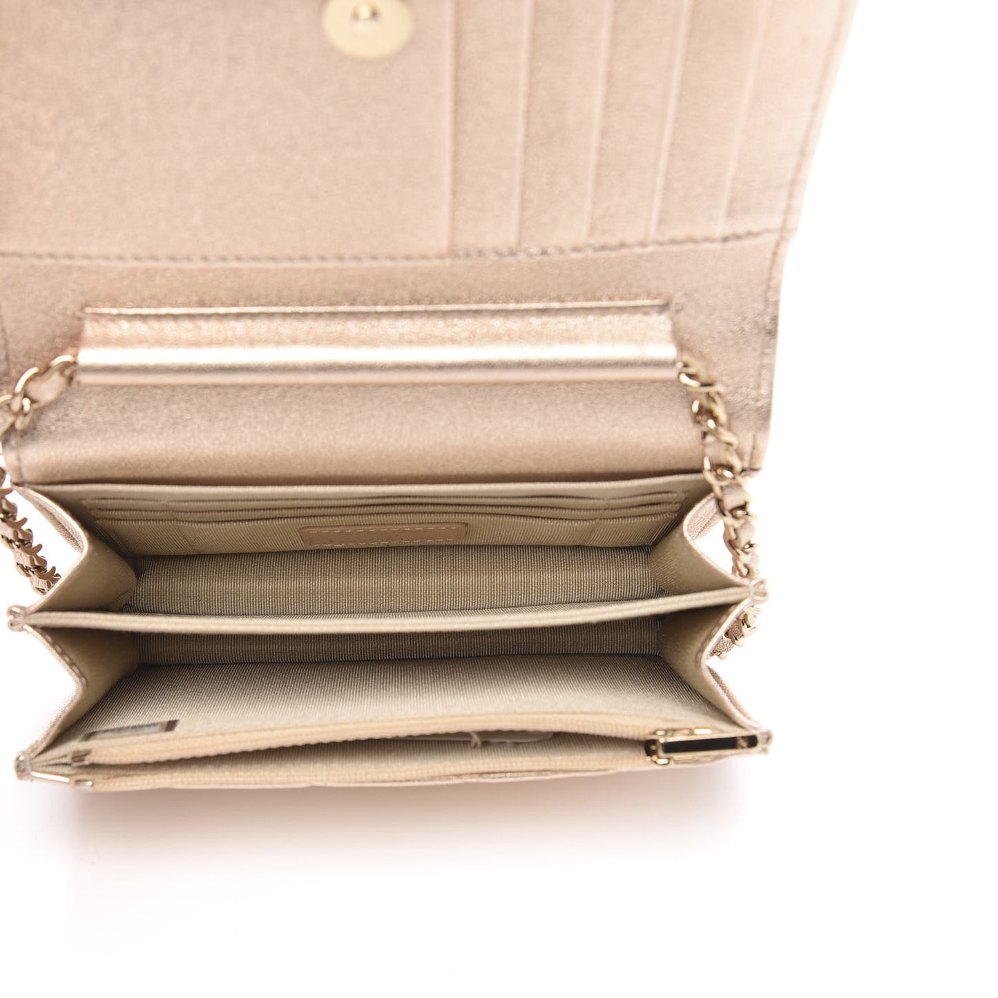 Metallic Lambskin Quilted Mini Wallet On Chain WOC Gold