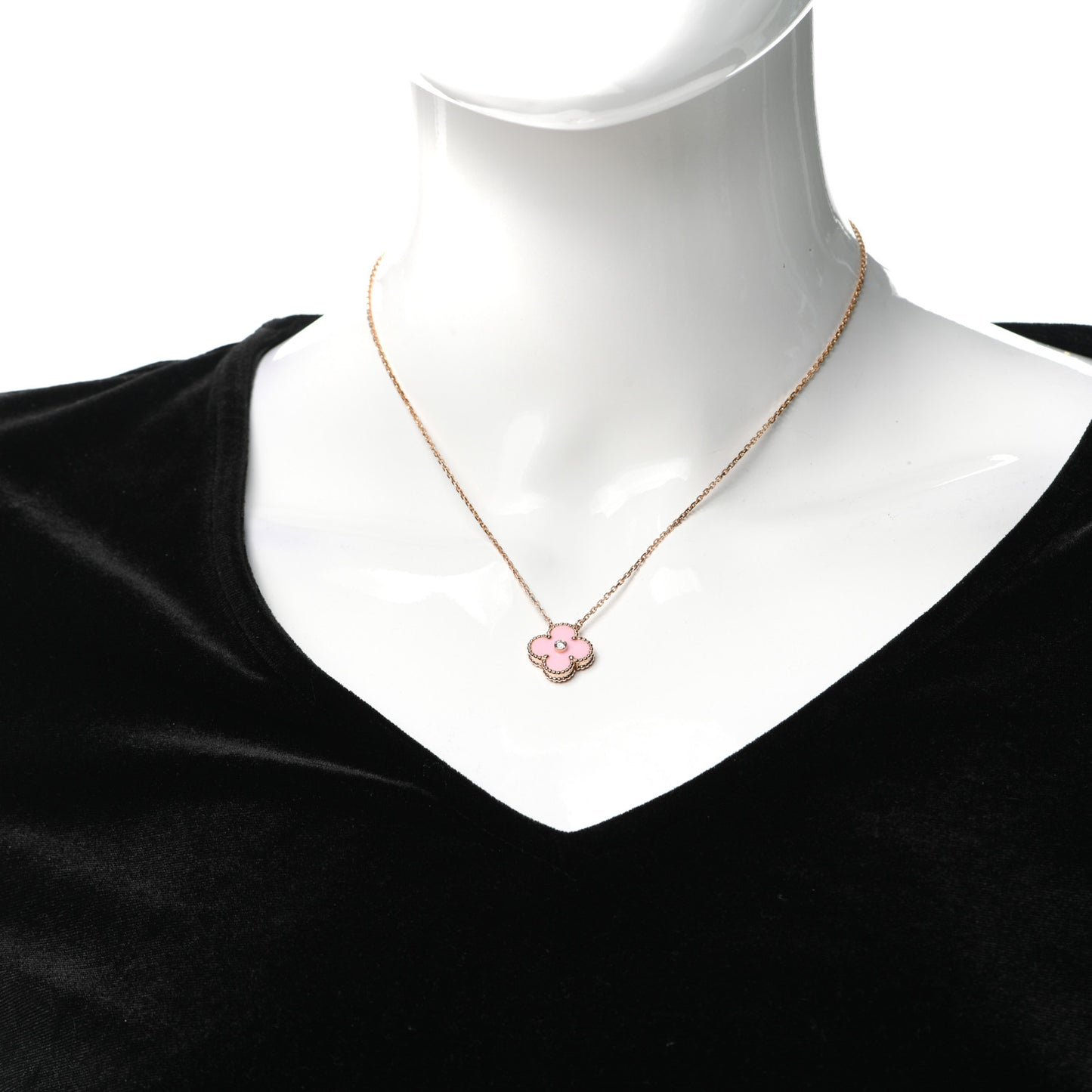 18K Rose Gold Diamond Pink Porcelain Vintage Alhambra Pendant Necklace