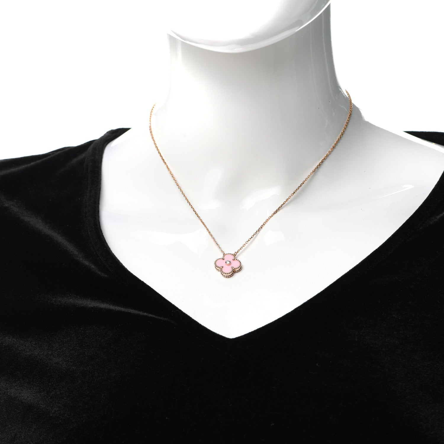 Van Cleef & Arpels 18K Rose Gold Diamond Pink Porcelain Vintage Alhambra Pendant Necklace 2 of 7