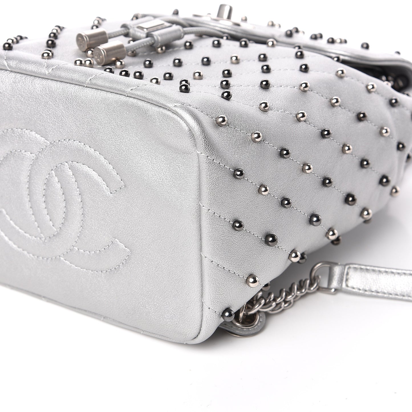 Metallic Lambskin Chevron Quilted Studded Stud Wars Backpack Silver