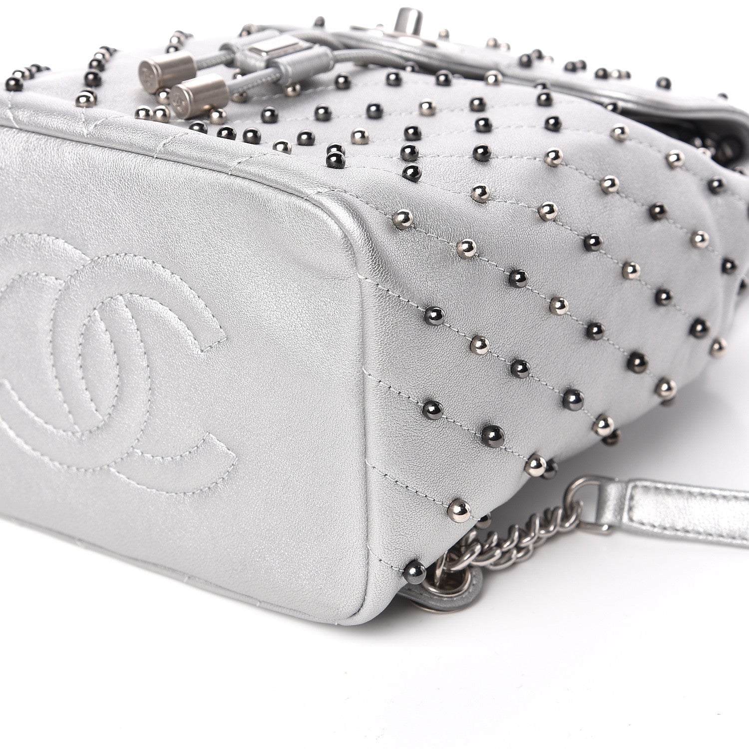 Chanel Metallic Lambskin Chevron Quilted Studded Stud Wars Backpack Silver 9 of 10