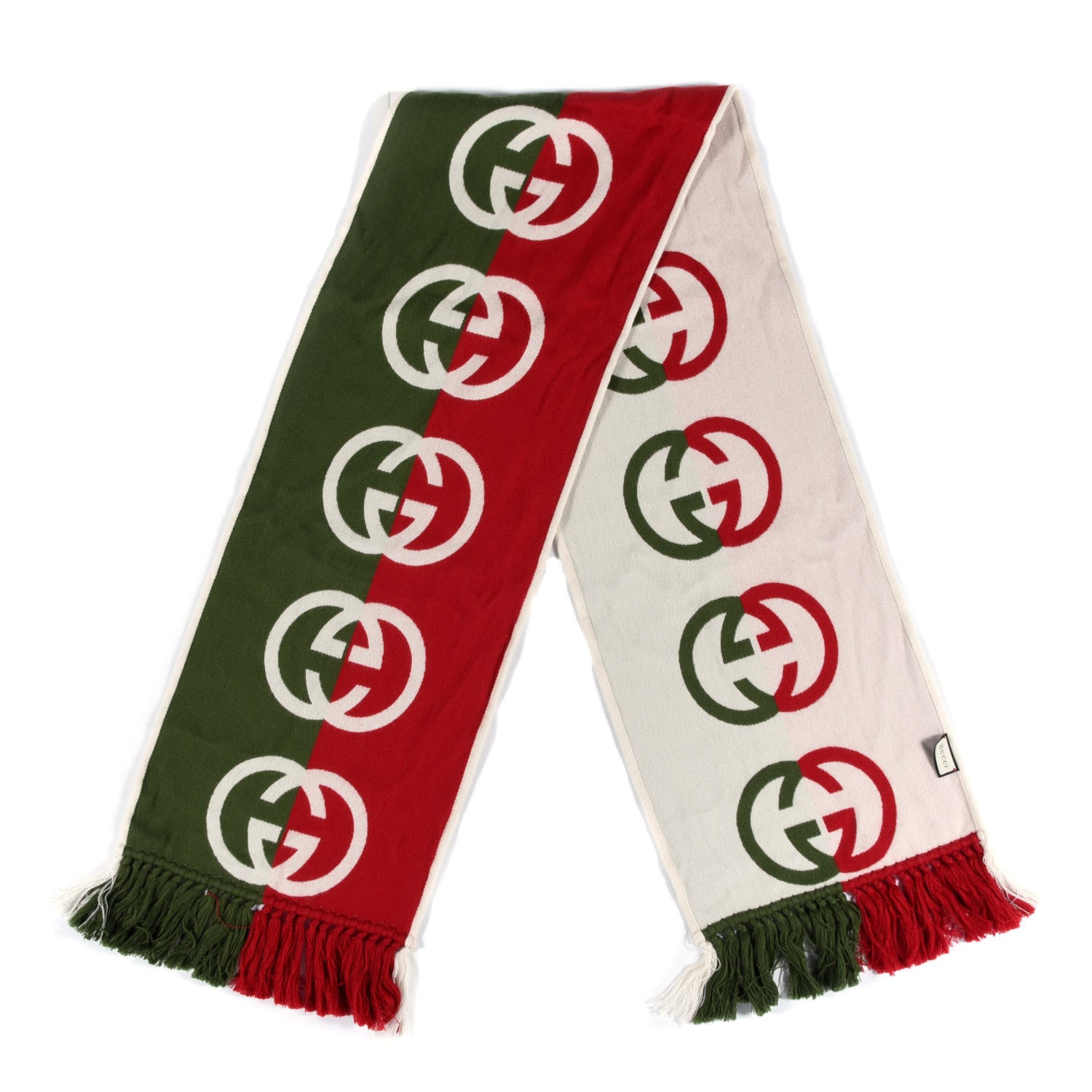 Gucci Wool Geyjerry Reversible Fringe Scarf Green Red 4 of 4