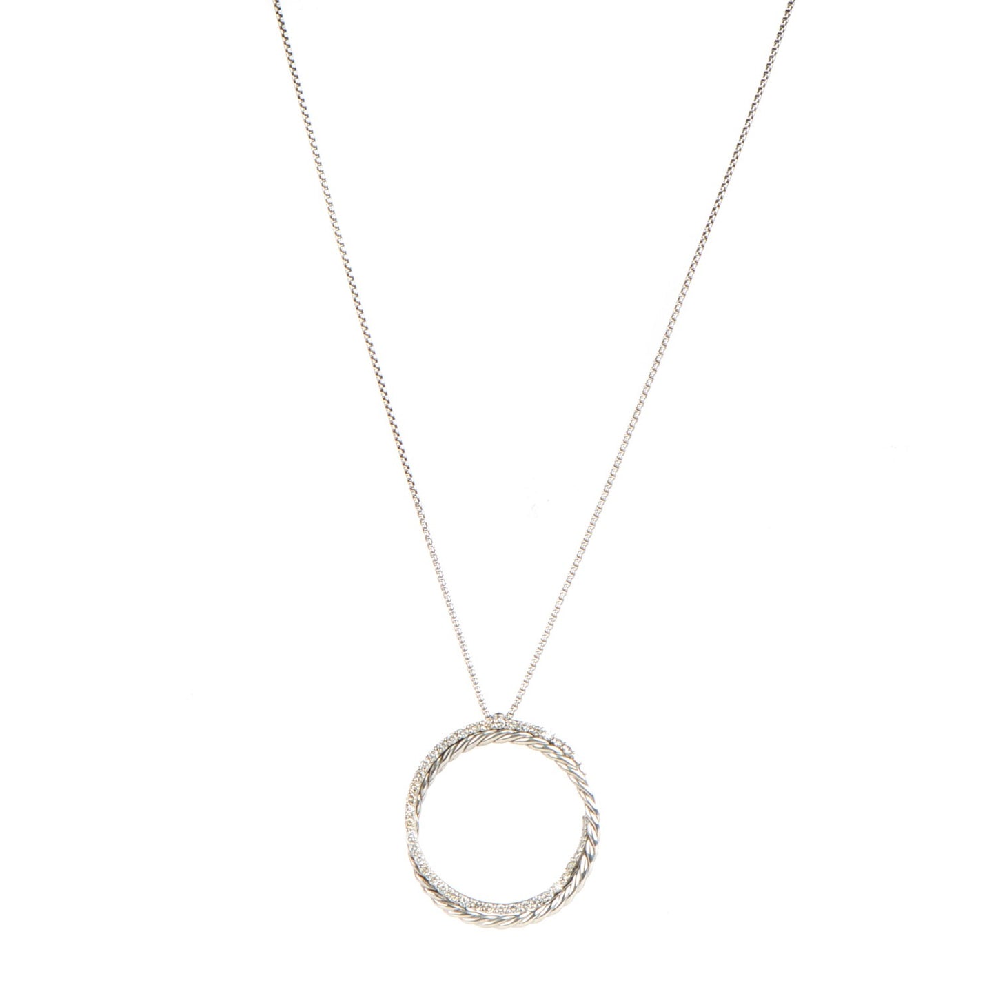 Sterling Silver 14K White Gold Pave Diamond 25mm Crossover Circle Necklace
