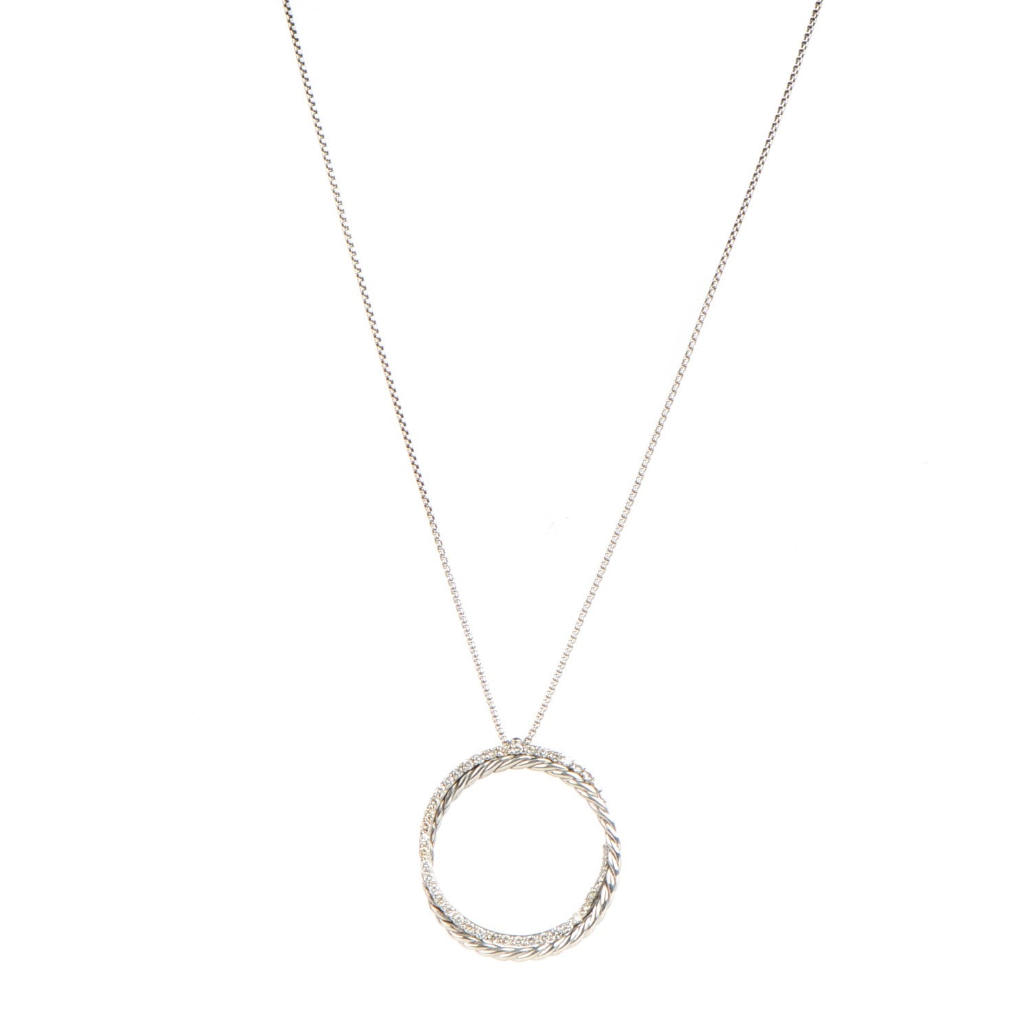 David Yurman Sterling Silver 14K White Gold Pave Diamond 25mm Crossover Circle Necklace 1 of 6