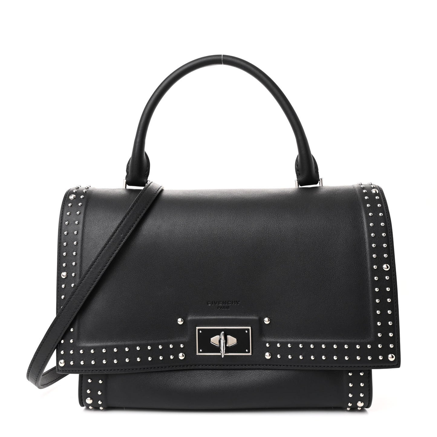 Grained Calfskin Studded Small Shark Lock Satchel Black