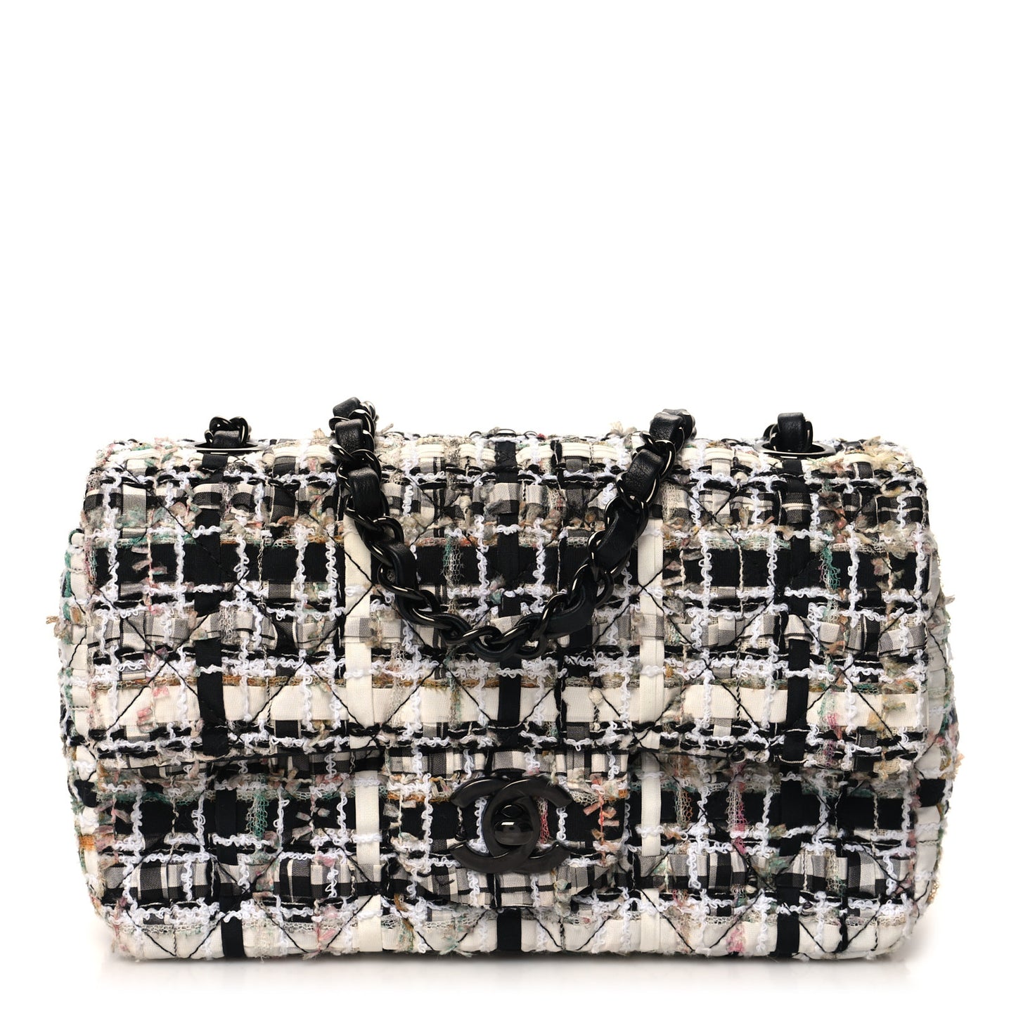 Tweed Quilted Mini Rectangular Flap White Black Multicolor
