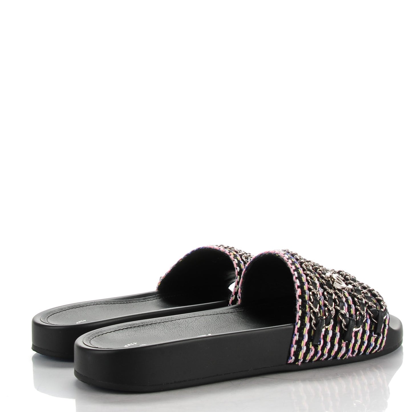 Tweed Lambskin Chain Flat Sandals 37 Black Multicolor