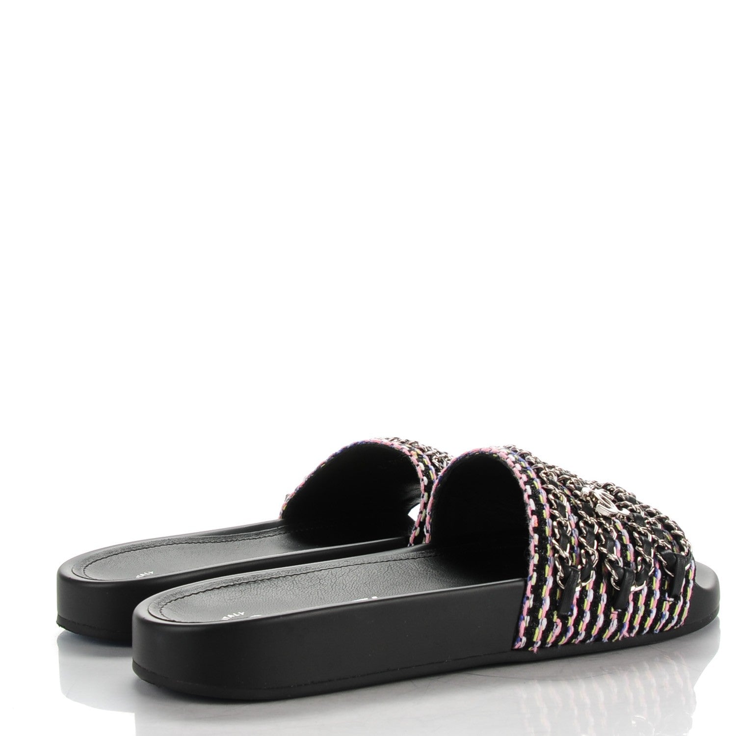 Chanel Tweed Lambskin Chain Flat Sandals 37 Black Multicolor 4 of 9