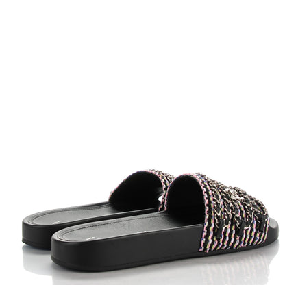 Chanel Tweed Lambskin Chain Flat Sandals 37 Black Multicolor 4 of 9