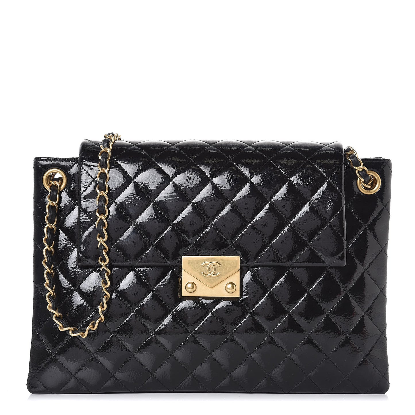 Patent Goatskin Quilted 3 Pocket Accordion Flap Black