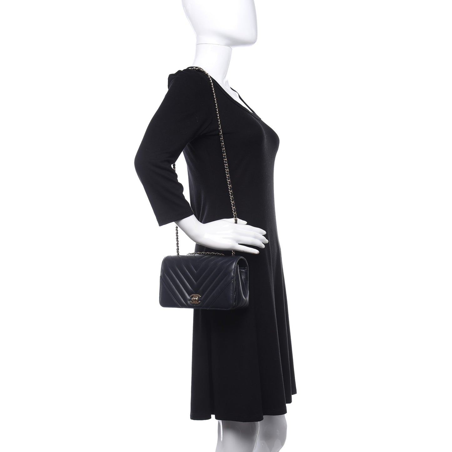 Calfskin Chevron Quilted Mini Statement Flap Navy Blue