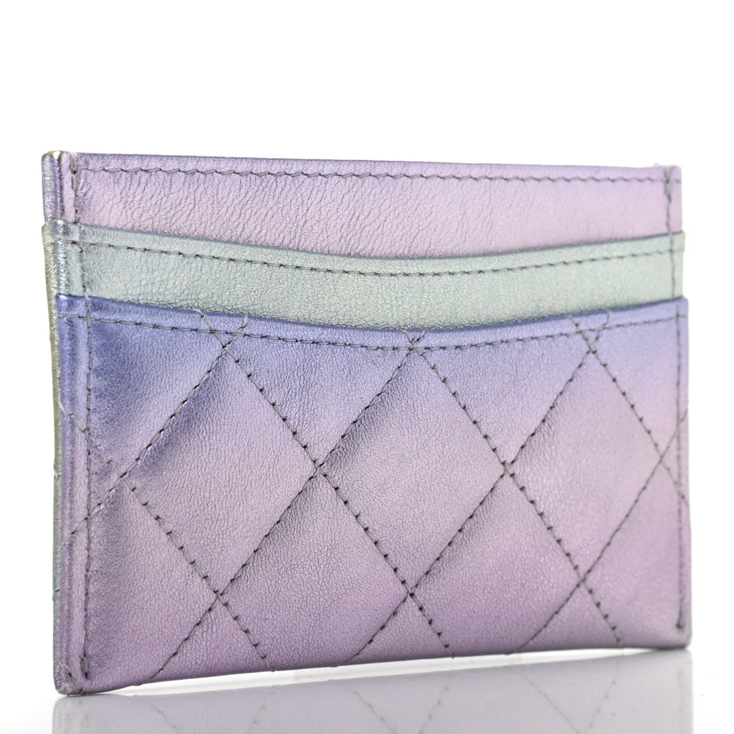 Gradient Metallic Calfskin Quilted Card Holder Silver Blue Yellow Purple
