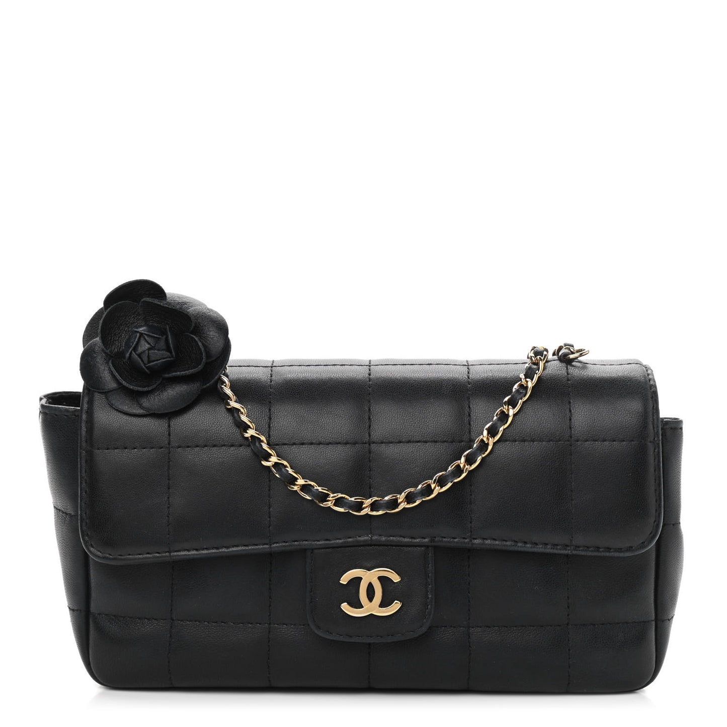 Lambskin Quilted Mini Chocolate Bar Camellia Flap Black