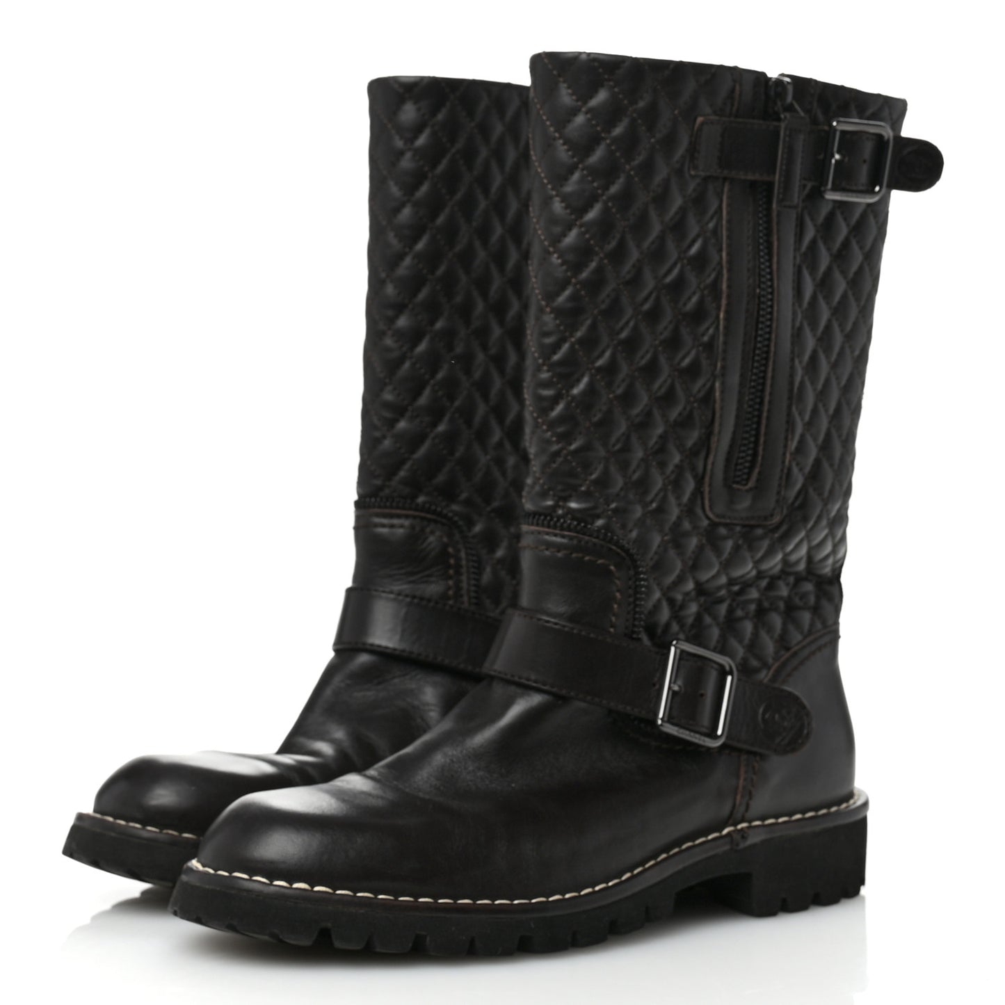 Calfskin Quilted Biker Boots 39 Brown