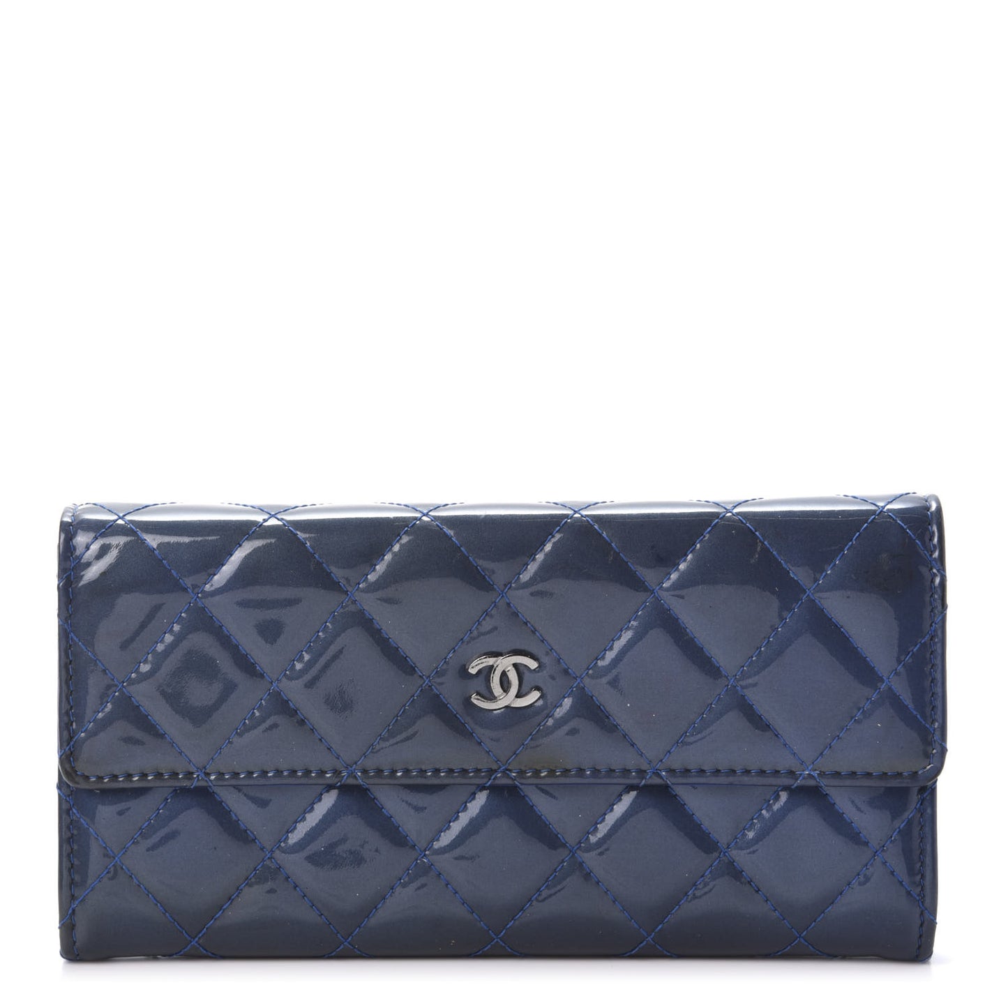 Patent Quilted Large Flap Wallet Blue