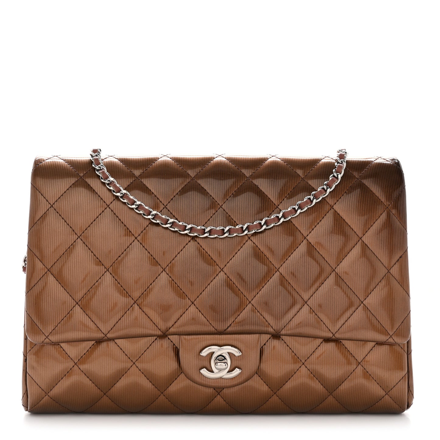 Striated Patent Quilted Clutch With Chain Flap Brown