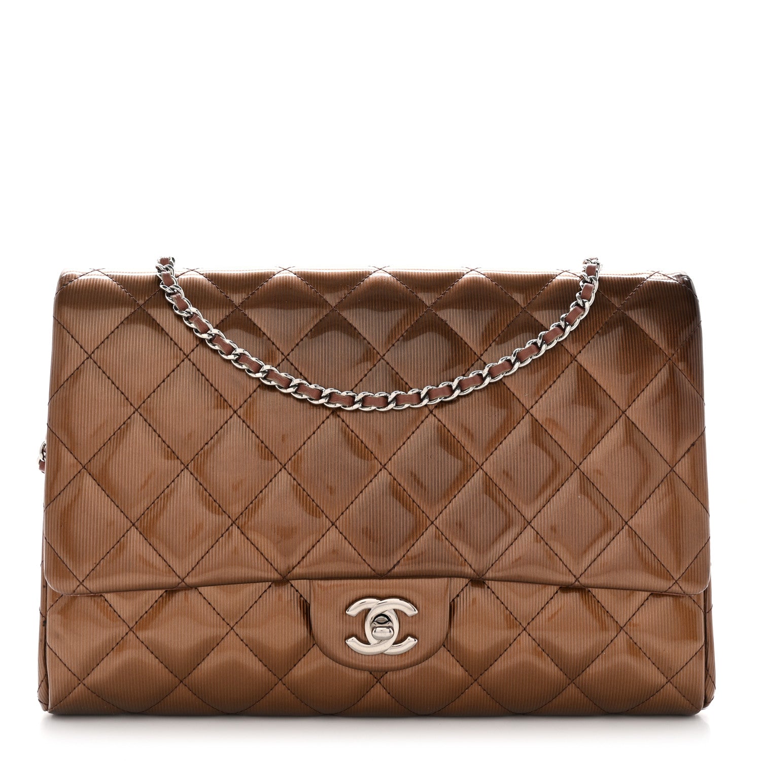 Chanel Striated Patent Quilted Clutch With Chain Flap Brown 1 of 16