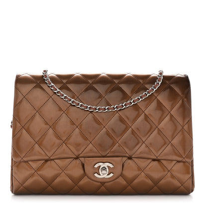 Chanel Striated Patent Quilted Clutch With Chain Flap Brown 1 of 16
