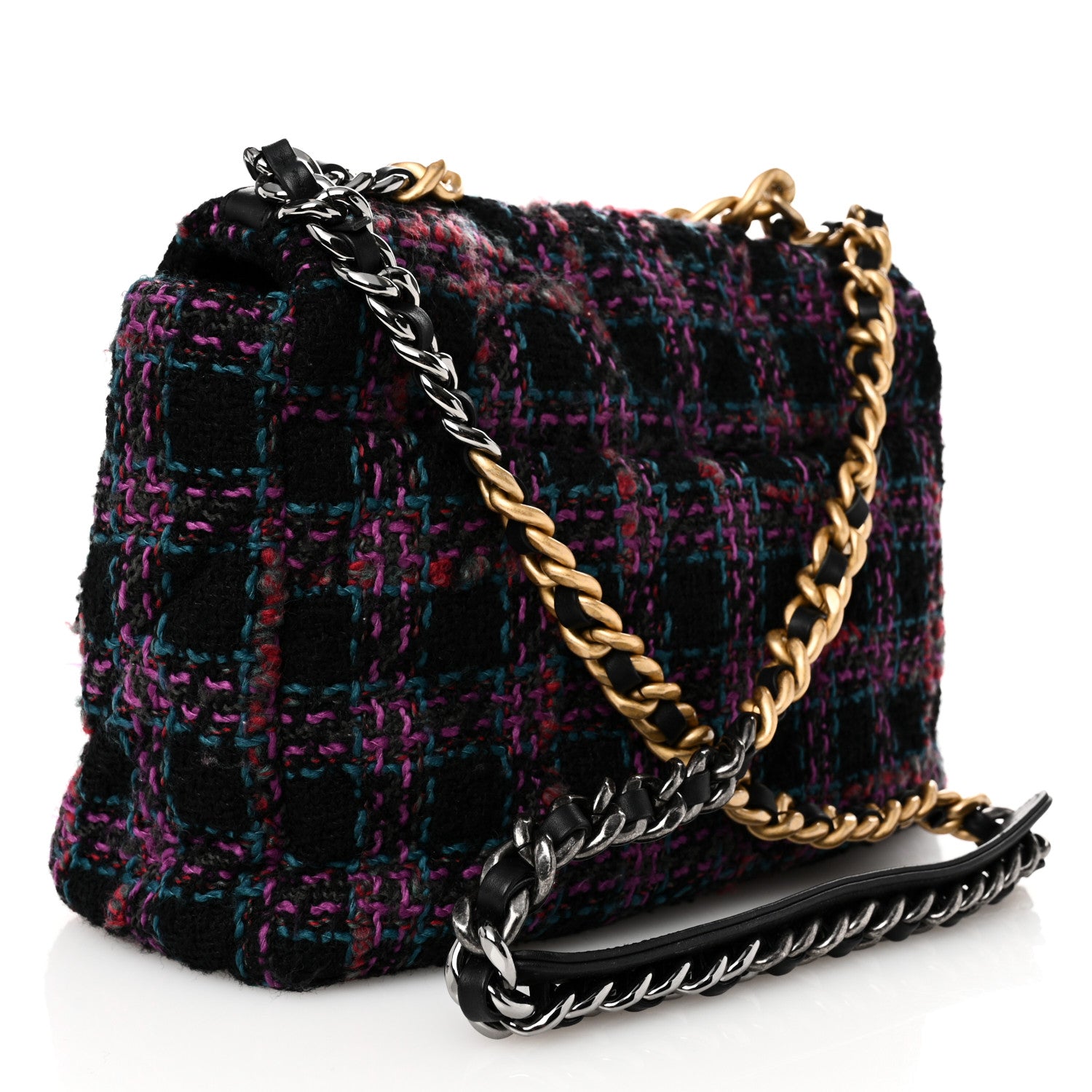 Chanel Tweed Quilted Large Chanel 19 Flap Black Blue Purple 3 of 10