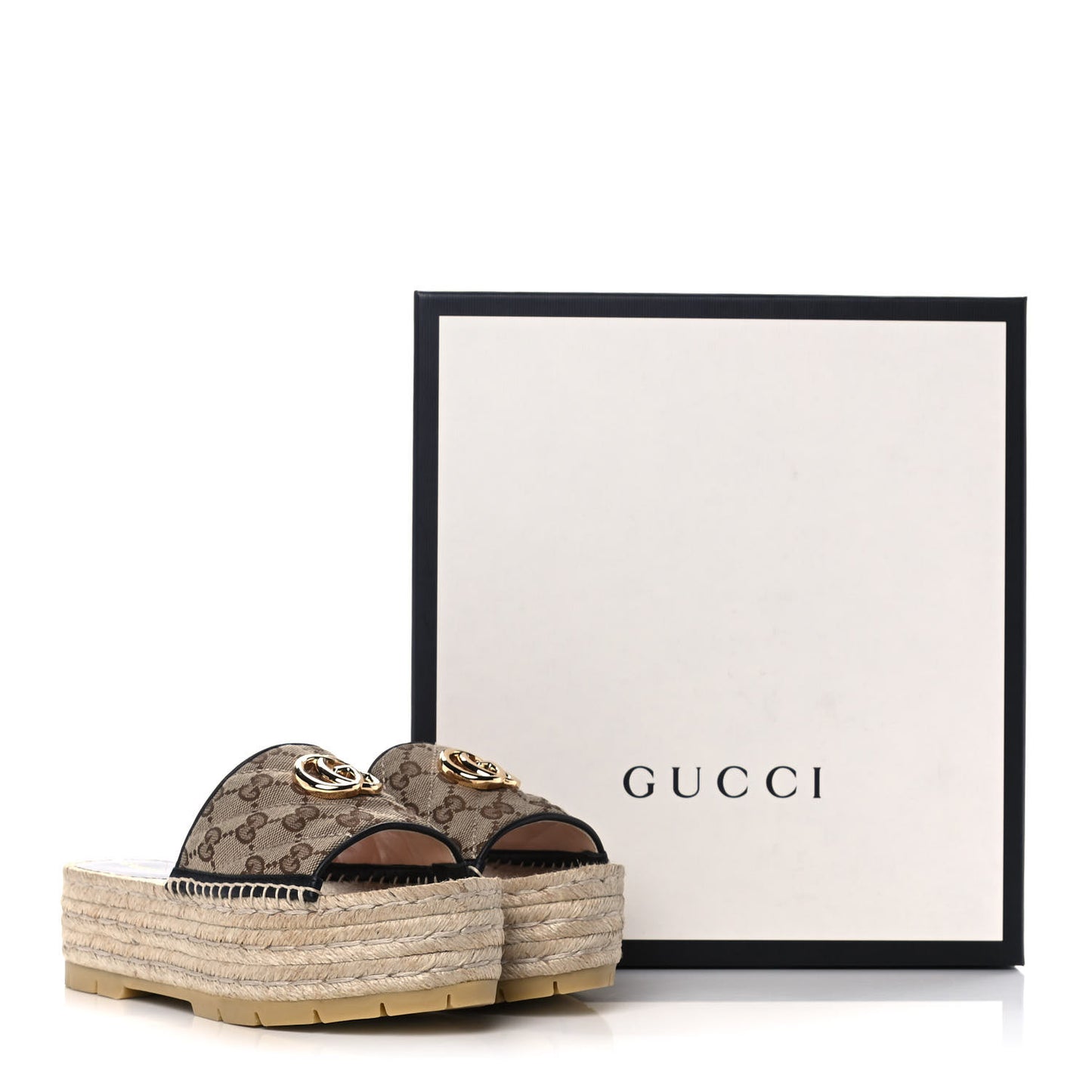 Monogram Matelasse Diagonal GG Marmont Platform Espadrille Slide Sandals 36 Beige Ebony Black