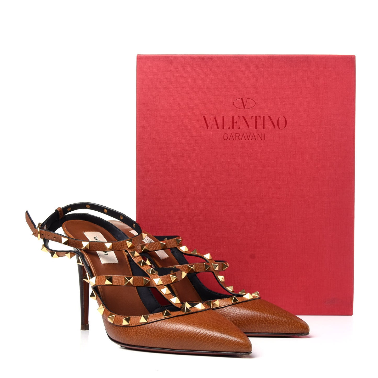 Pebbled Calfskin Rockstud Ankle Strap 100mm Pumps 40 Cuoio