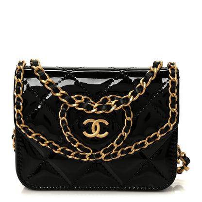 Chanel Patent Quilted Chain Around Heart Mini Chain Flap Black 1 of 9
