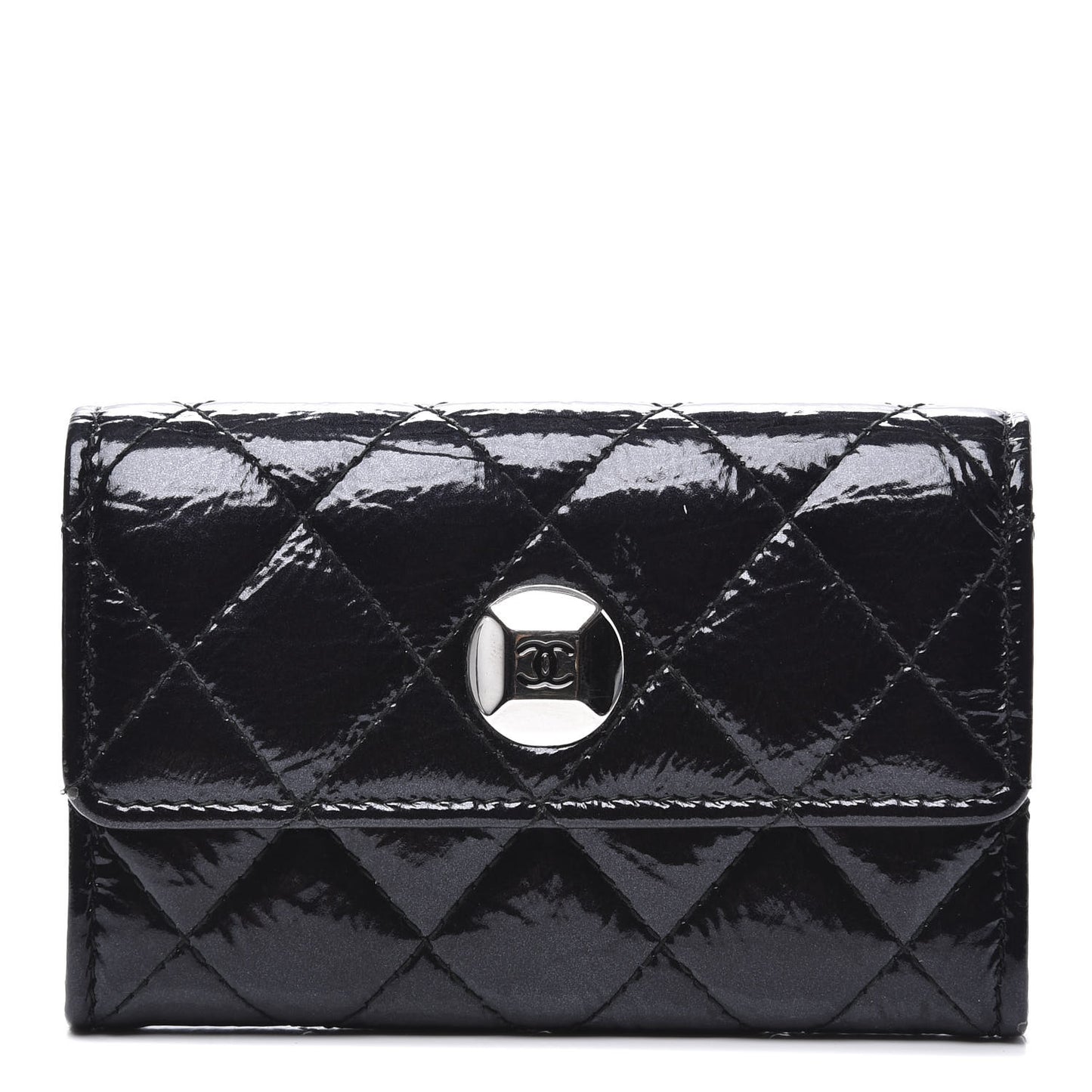 Distressed Patent Quilted Flap Card Holder Black