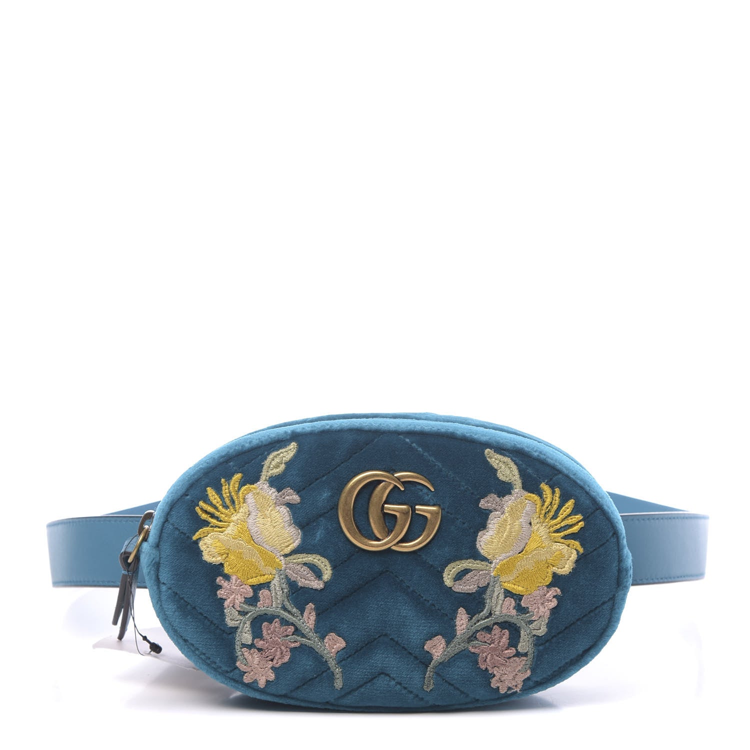 Gucci Velvet Matelasse Embroidered GG Marmont Belt Bag 95 38 Pavone Cyan 1 of 10