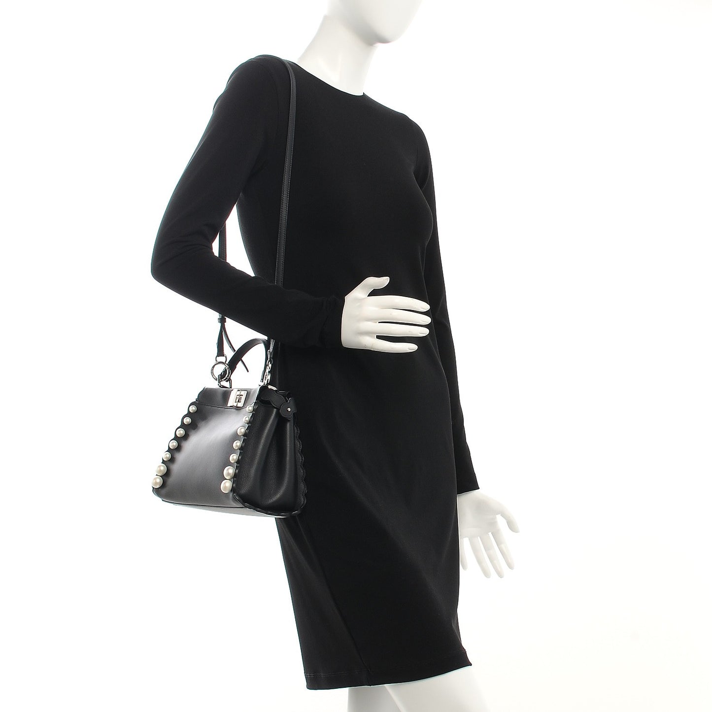 Vitello Seta Shiny Nappa Pearl Scallopped Studded Mini Peekaboo Iconic Satchel Black