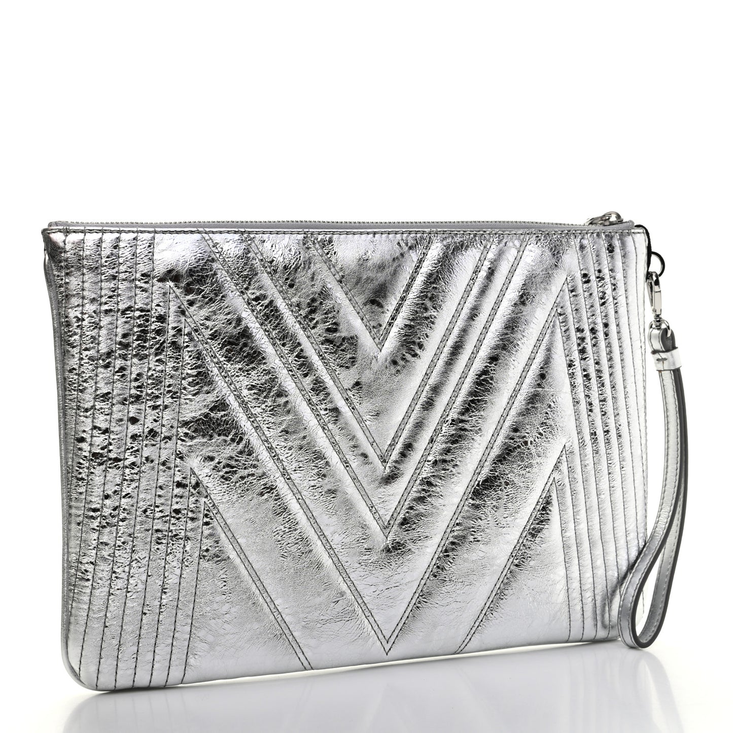 Metallic Calfskin Quilted Medium Zip Pouch Light Silver