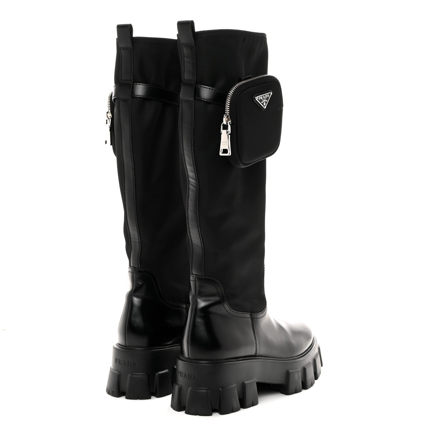 Prada Spazzolato Rois Re-Nylon Metal Triangle Logo Monolith Pouch Pocket 55mm Tall Boots 41 Black 4 of 9