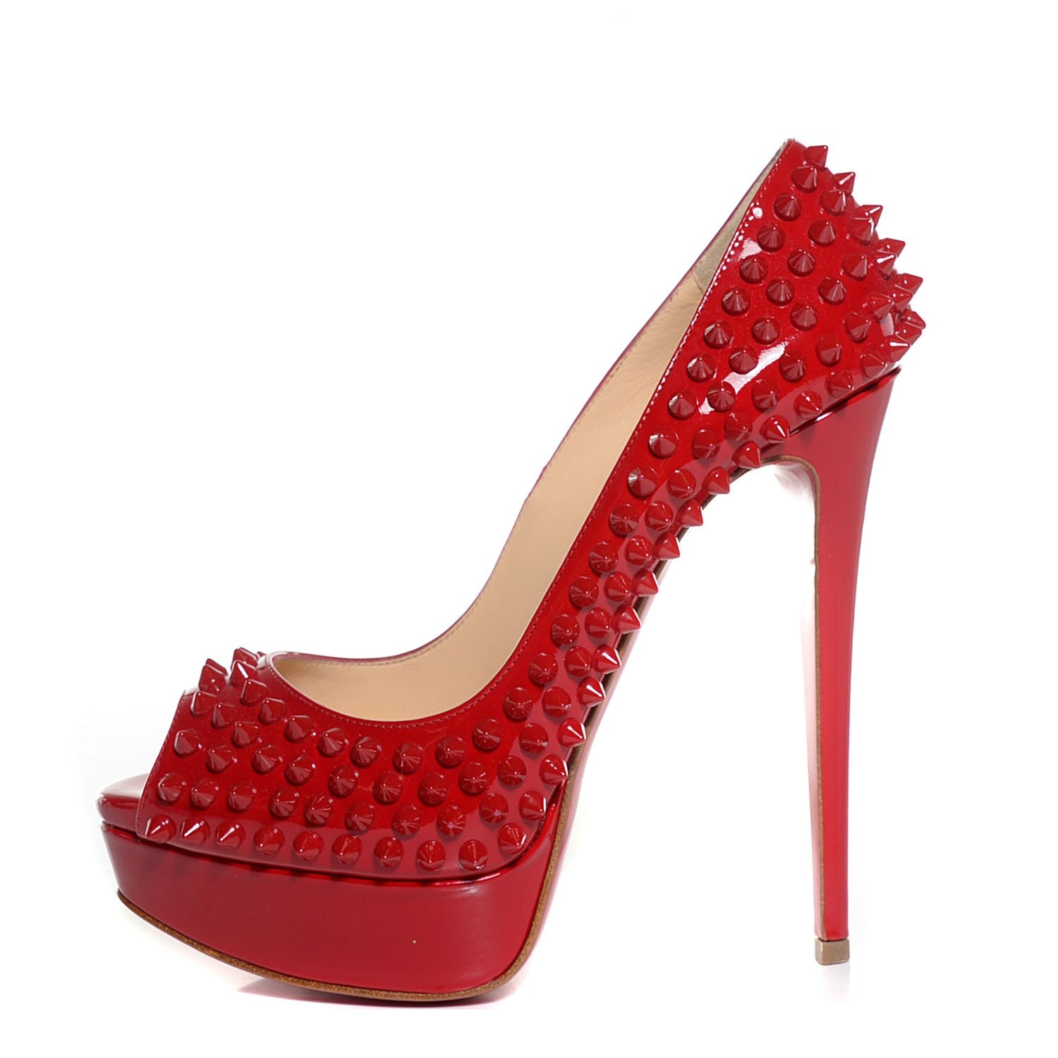 Christian Louboutin Patent Lady Peep Spikes VIP 150 Pumps 37 Red 1 of 7