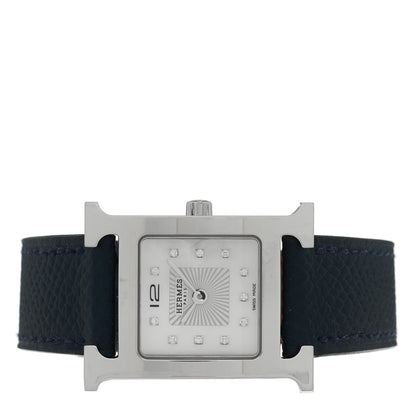 Hermes Stainless Steel Epsom Diamond Mother of Pearl 21mm Heure H Hour Quartz Watch Noir 2 of 5