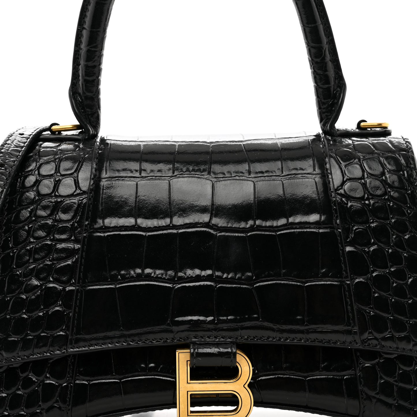 Shiny Calfskin Crocodile Embossed Small Hourglass Top Handle Bag Black