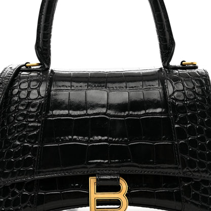 Balenciaga Shiny Calfskin Crocodile Embossed Small Hourglass Top Handle Bag Black 7 of 9