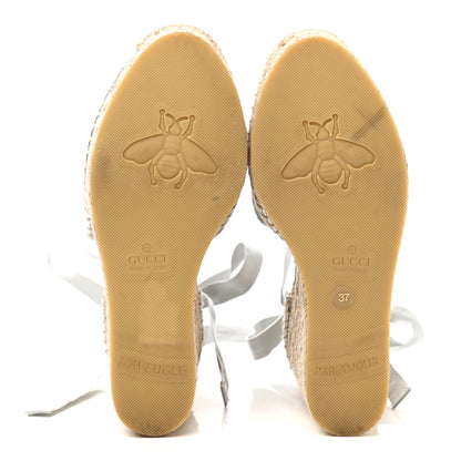 Gucci Lame GG Monogram Ankle Wrap Platform Espadrille Wedges 37 Silver Beige Light Grey 5 of 9