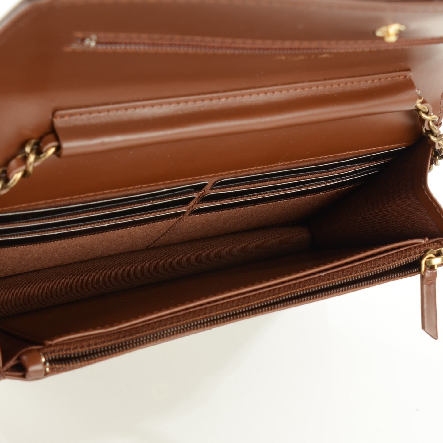 Patent Calfskin Quilted Boy Wallet On Chain WOC Brown