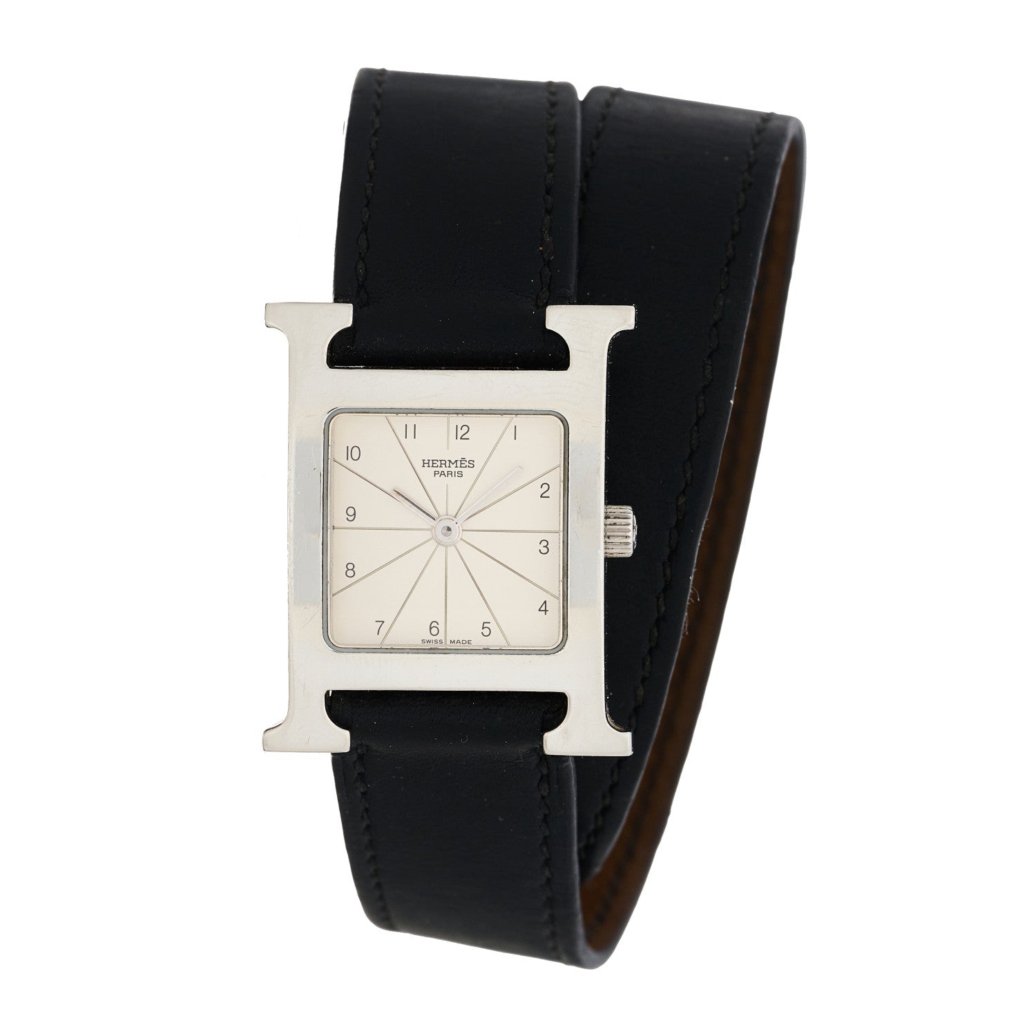 Hermes Stainless Steel Barenia 21mm Heure H Hour Double Tour Quartz Watch Noir 1 of 5