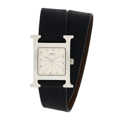 Hermes Stainless Steel Barenia 21mm Heure H Hour Double Tour Quartz Watch Noir 1 of 5