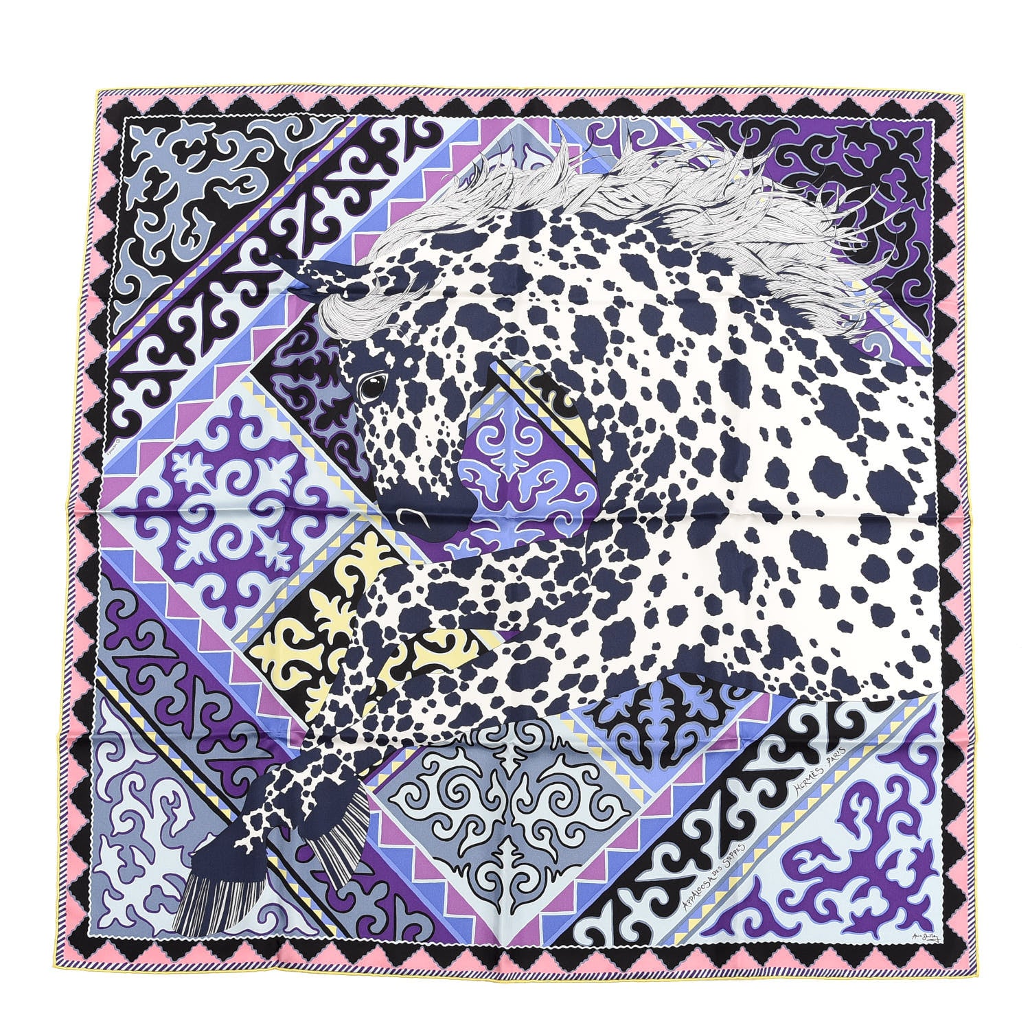 Hermes Silk Appaloosa Des Steppes Scarf 90 White Casse Marine Violet 1 of 4