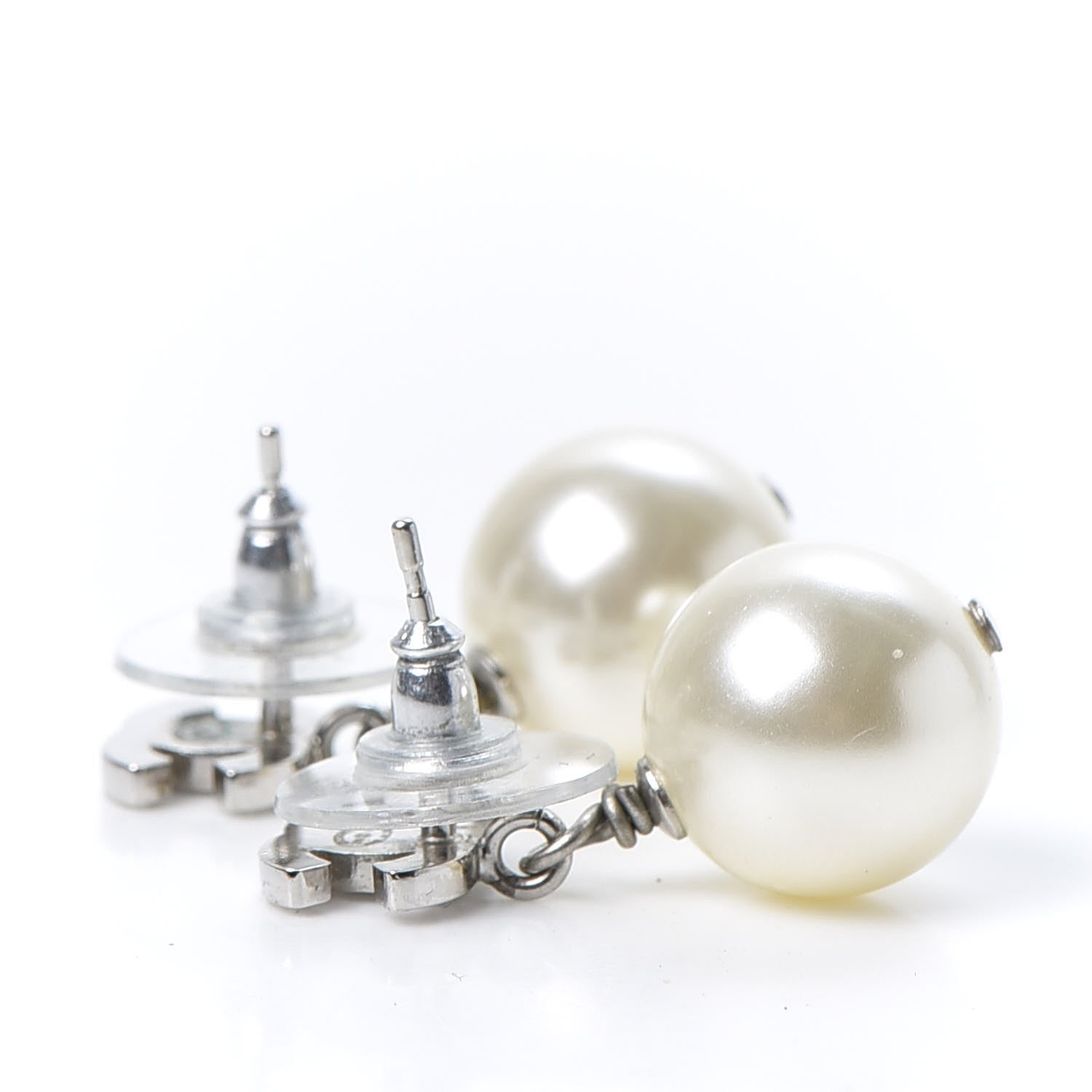 Chanel Crystal Pearl CC Drop Earrings Silver Pearly White 3 of 5