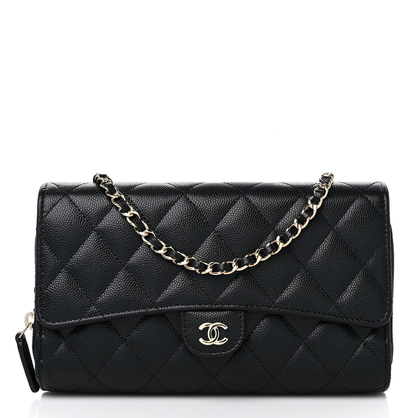 Caviar Quilted Phone Holder Wallet on Removable Chain Black