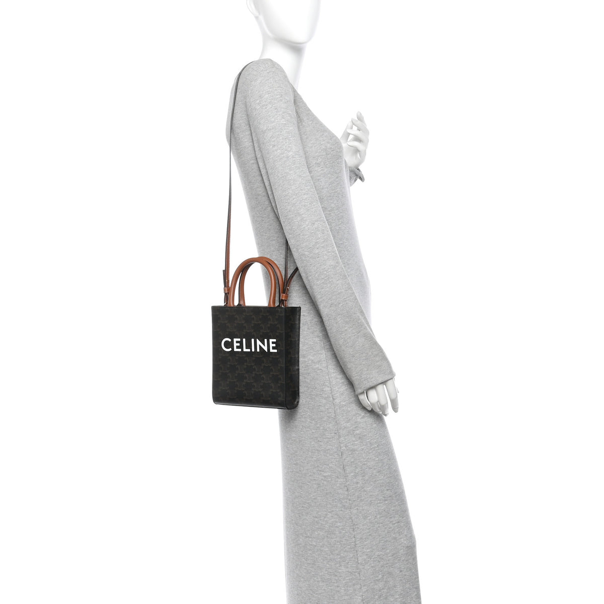 Celine Triomphe Canvas Calfskin Mini Vertical Cabas Tan 2 of 12